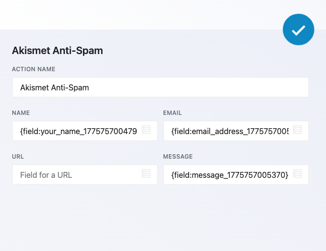 Ninja Forms Akismet Anti-Spam action settings panel with Name, Email, and Message fields populated with merge tags pointing to the form's Your Name, Email Address, and Message fields.
