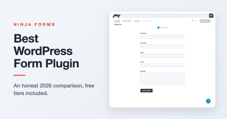 Comparison graphic showing the best WordPress form plugin options for 2026, including Ninja Forms