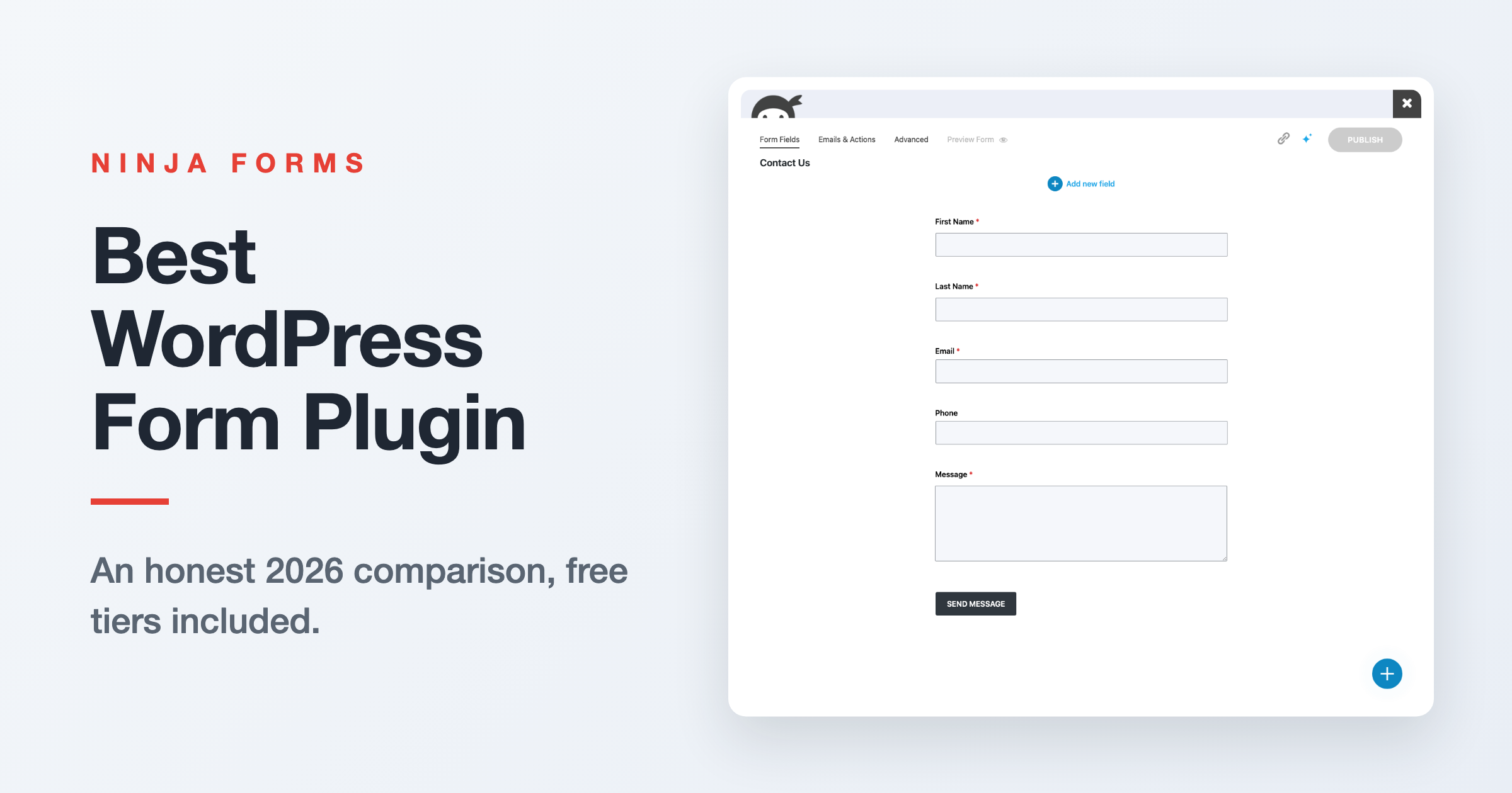Comparison graphic showing the best WordPress form plugin options for 2026, including Ninja Forms