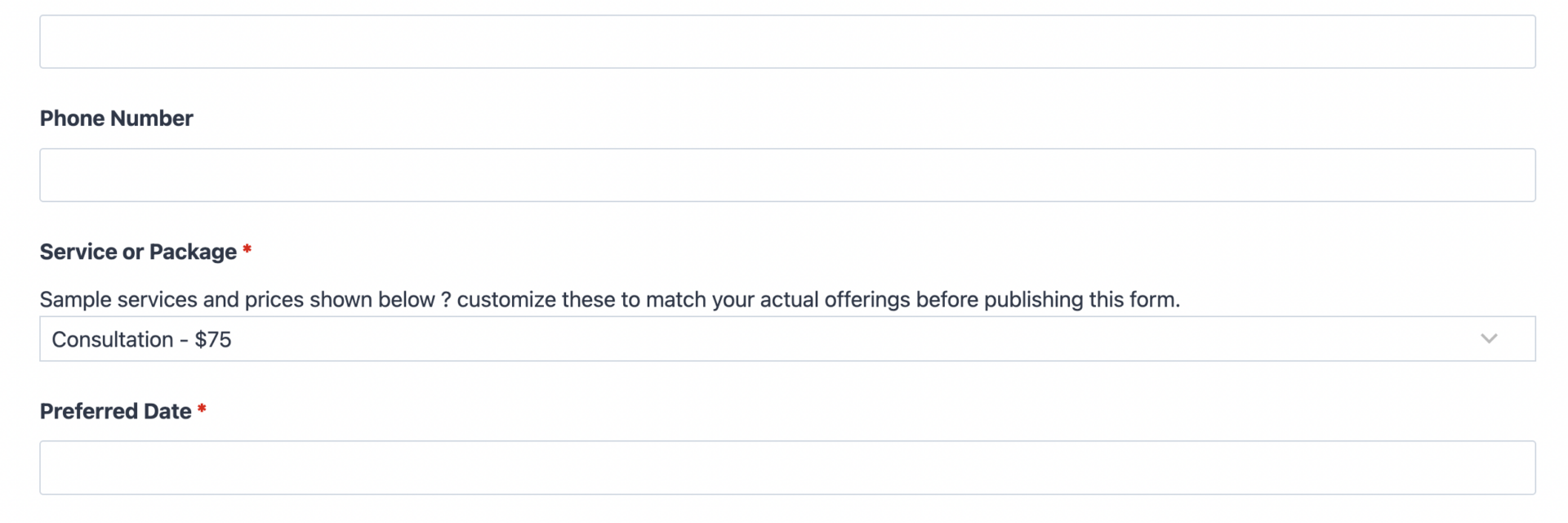 Booking form template showing service selection, date picker, and PayPal Checkout payment fields