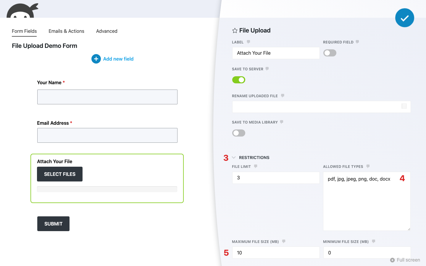 Ninja Forms File Upload field settings window with the Restrictions settings accordion expanded, showing File Limit, Allowed File Types, Maximum File Size, and Minimum File Size fields populated.