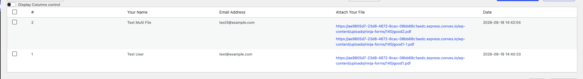 Ninja Forms Submissions screen for the file upload demo form, showing the file field column with a clickable link to each visitor's uploaded file.
