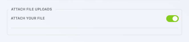 Ninja Forms Email action Advanced settings expanded, showing the Attach File Uploads section with the toggle for the Attach Your File field turned on.