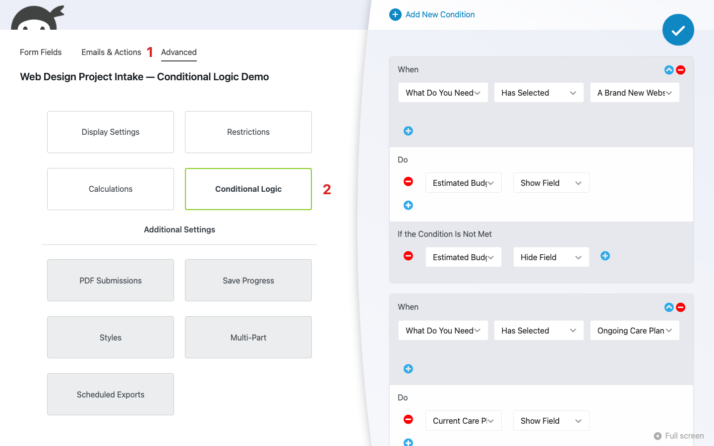 Ninja Forms builder with the Advanced tab active and the Conditional Logic tile indicated among the Additional Settings tiles.