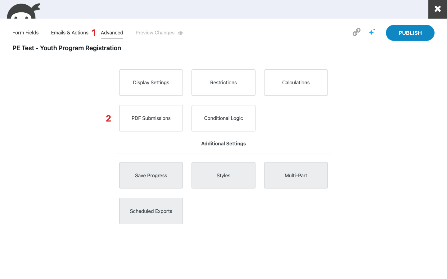 Ninja Forms builder with the Advanced tab active, showing the PDF Submissions settings tile among the other Advanced-tab settings groups.