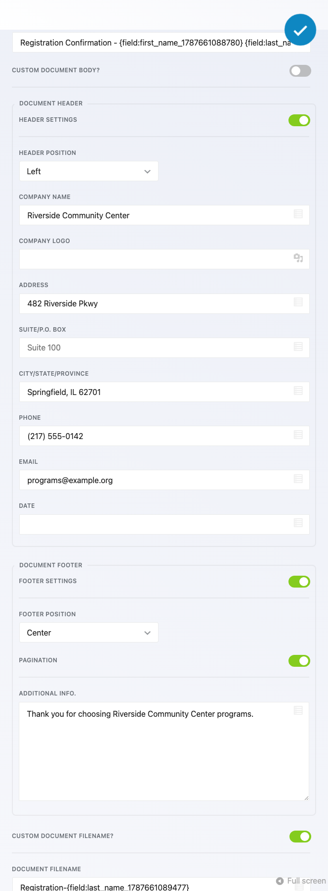 The PDF Submissions settings group expanded, showing a populated Document Title, Header Settings with company name and address filled in, and Footer Settings with pagination and a closing line enabled.