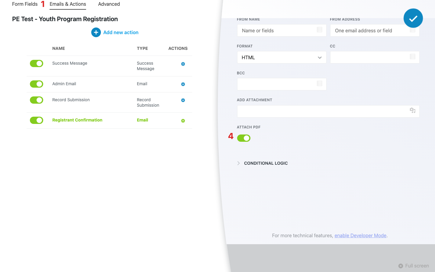 Ninja Forms builder with the Emails and Actions tab active, a confirmation email action open, its Advanced settings expanded, and the Attach PDF toggle switched on.
