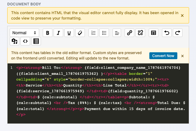 The Custom Document Body setting inside PDF Submissions, showing the invoice HTML (a Bill To line, a service/quantity/line-total table, and totals text using merge tags) open in Ninja Forms' code view, which the builder switches to automatically when Document Body content includes an HTML table the visual editor cannot fully display.
