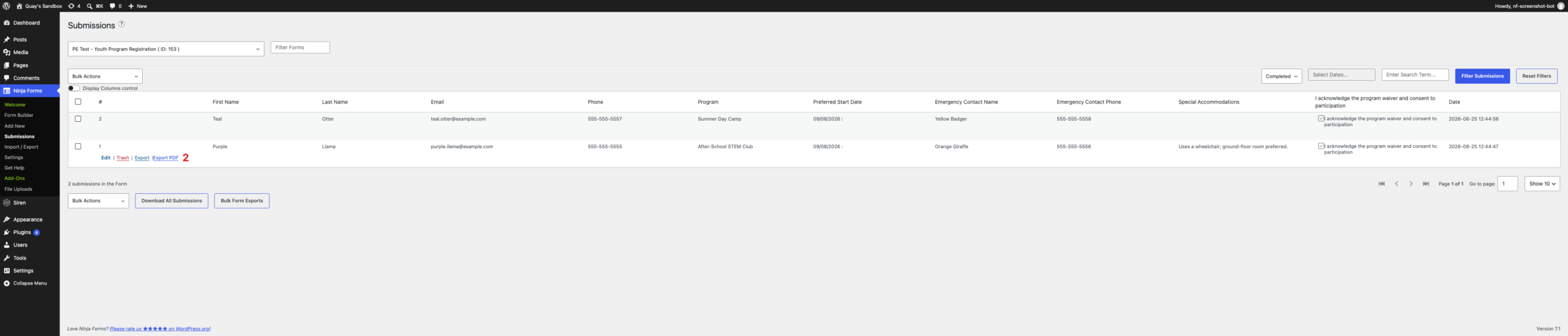 The Ninja Forms Submissions page with a submission's row actions visible, showing an Export PDF button next to Export.