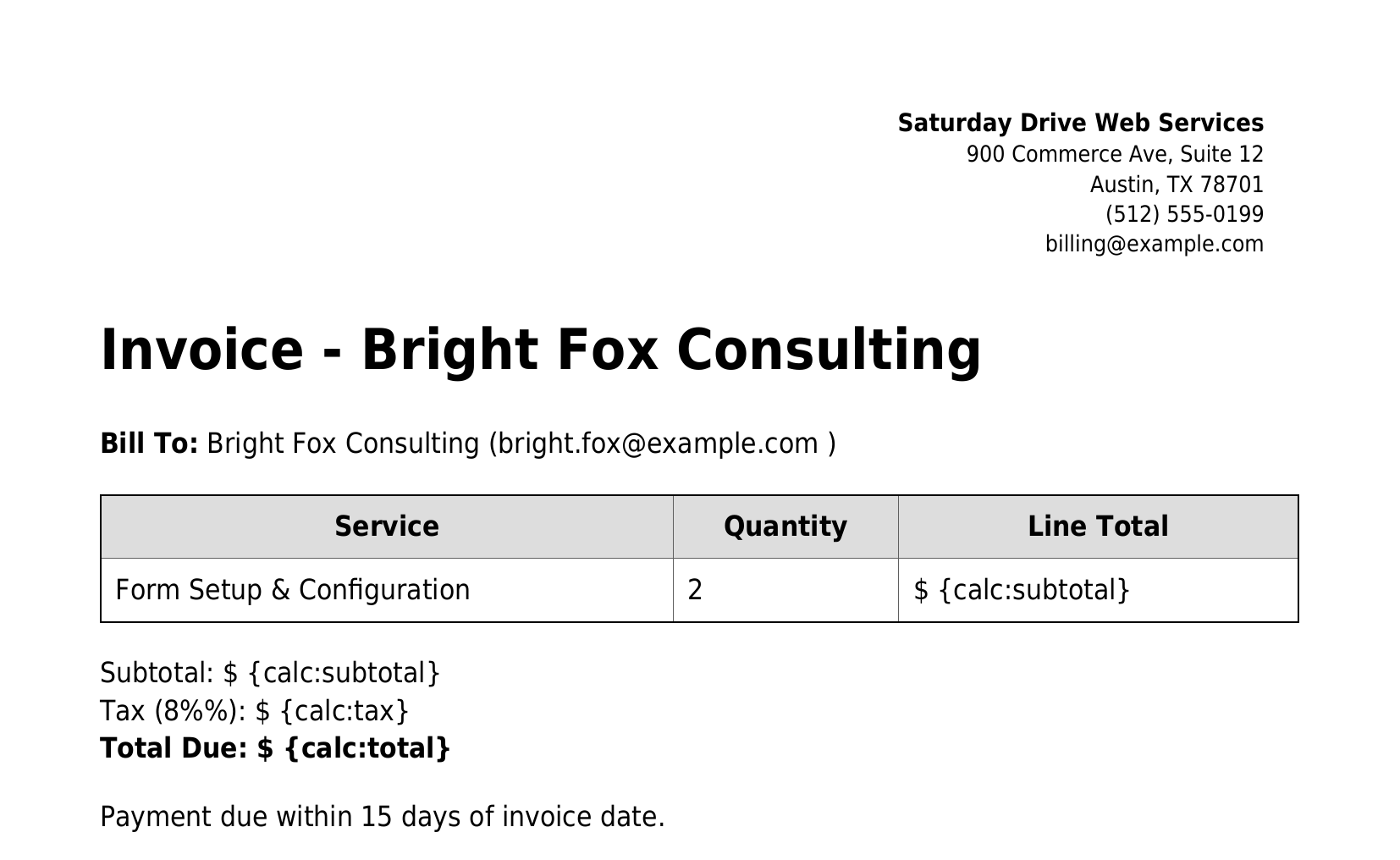 A generated invoice-style PDF, showing a Bill To line, a line-item table with service and quantity, and a terms section, built from submitted form data.