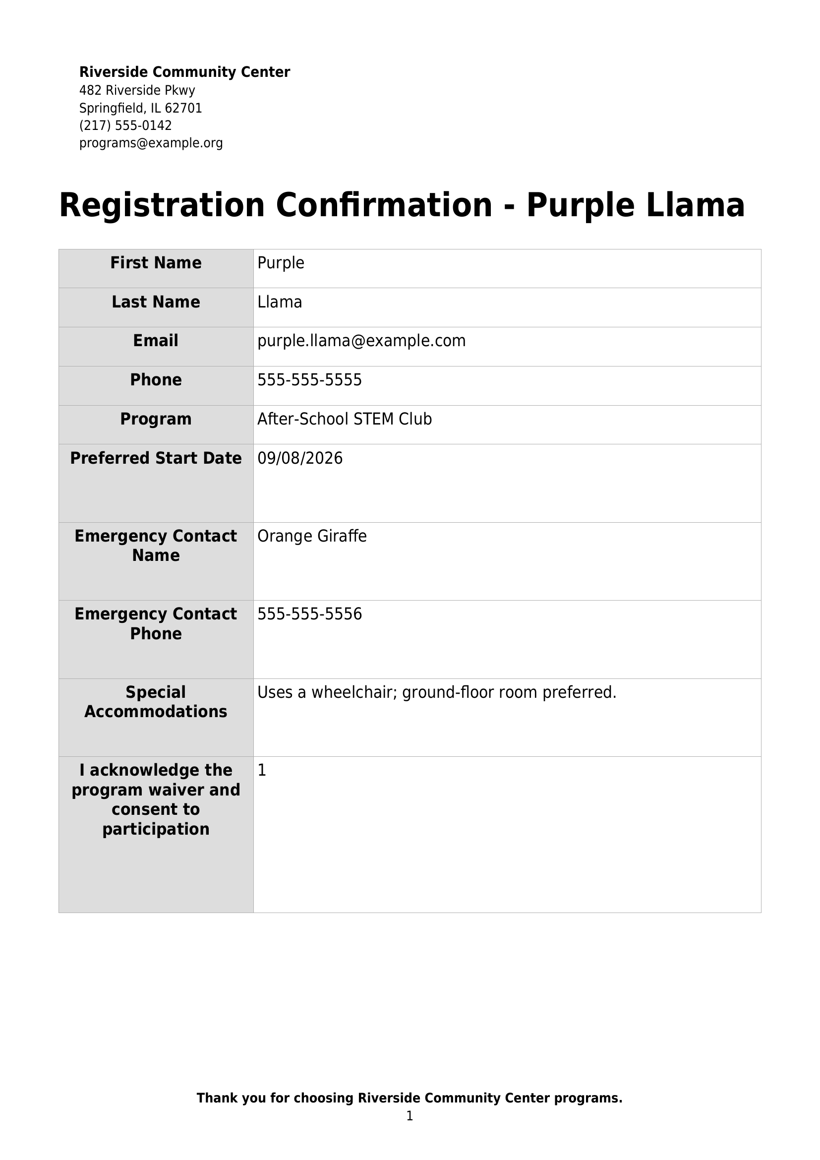 The first page of a generated PDF registration confirmation, showing a header with organization name and contact details, a document title with resolved merge tags, a field table listing the registrant's submitted information, and a footer with a page number and thank you line.