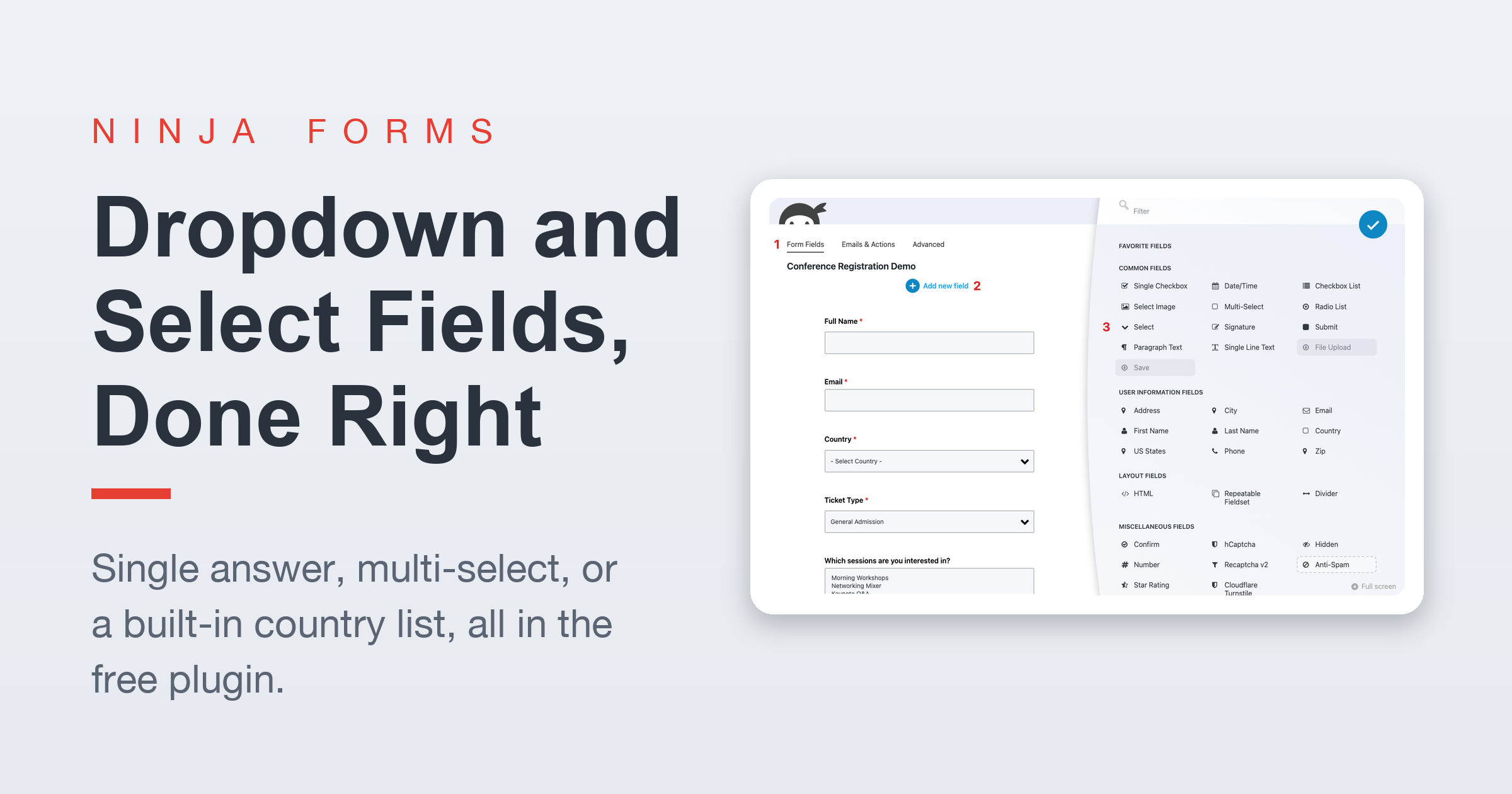 Dropdown and select fields done right: Ninja Forms featured graphic showing the builder Fields window with Select, Multi-Select, and Country field tiles.