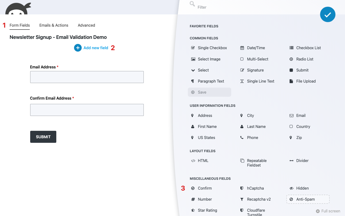 Ninja Forms builder with the Form Fields tab active and the Fields window open, showing the Confirm field tile.