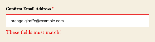 Ninja Forms public form showing the live validation error 'These fields must match!' after the Email Address and Confirm Email Address fields were submitted with different values.