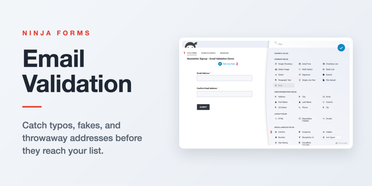 Illustration of the Ninja Forms builder beside the title Email Validation, representing email validation for WordPress forms