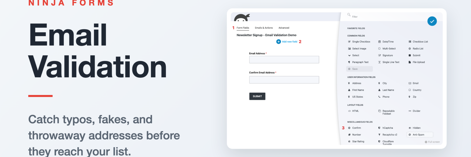 Illustration of the Ninja Forms builder beside the title Email Validation, representing email validation for WordPress forms