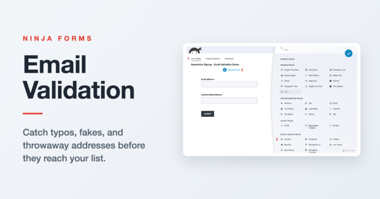 Illustration of the Ninja Forms builder beside the title Email Validation, representing email validation for WordPress forms