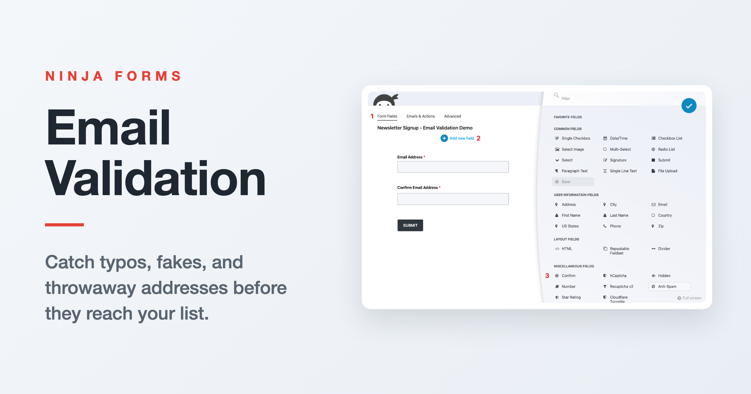 Illustration of the Ninja Forms builder beside the title Email Validation, representing email validation for WordPress forms