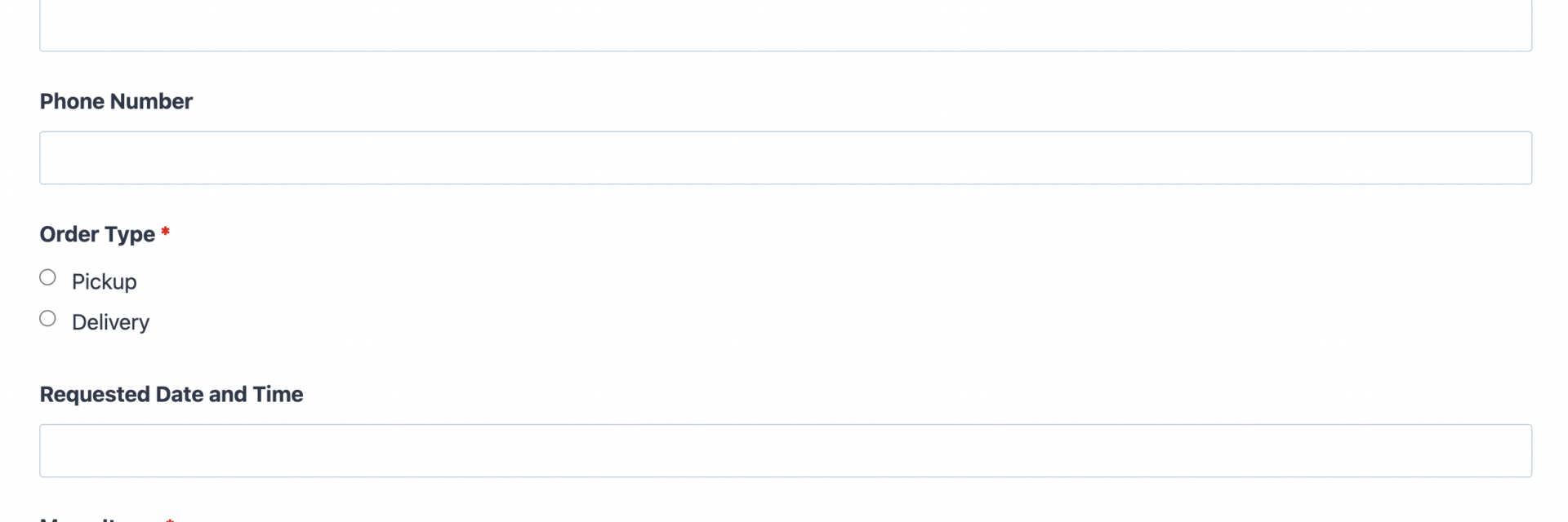 Food order form template showing menu item selection, order total calculation, and PayPal checkout fields