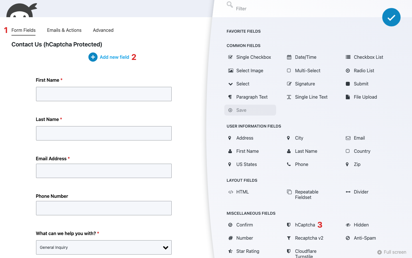 Ninja Forms builder with the Fields window open. Red numeral 1 marks the Form Fields tab, 2 marks the Add new field button, and 3 marks the hCaptcha field in the Miscellaneous Fields section, matching the numbered steps above.
