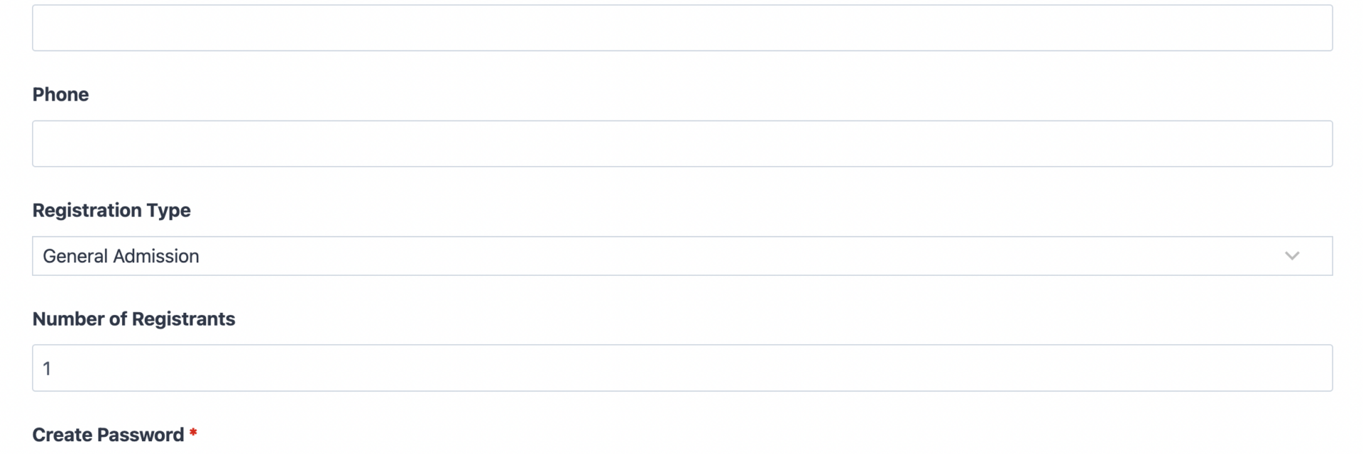 Registration form with payment template showing ticket tiers, account creation, and PayPal checkout fields