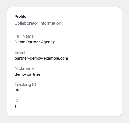 Siren Affiliates admin Collaborator profile for Demo Partner Agency, showing the Tracking ID RGP used to build their referral link.