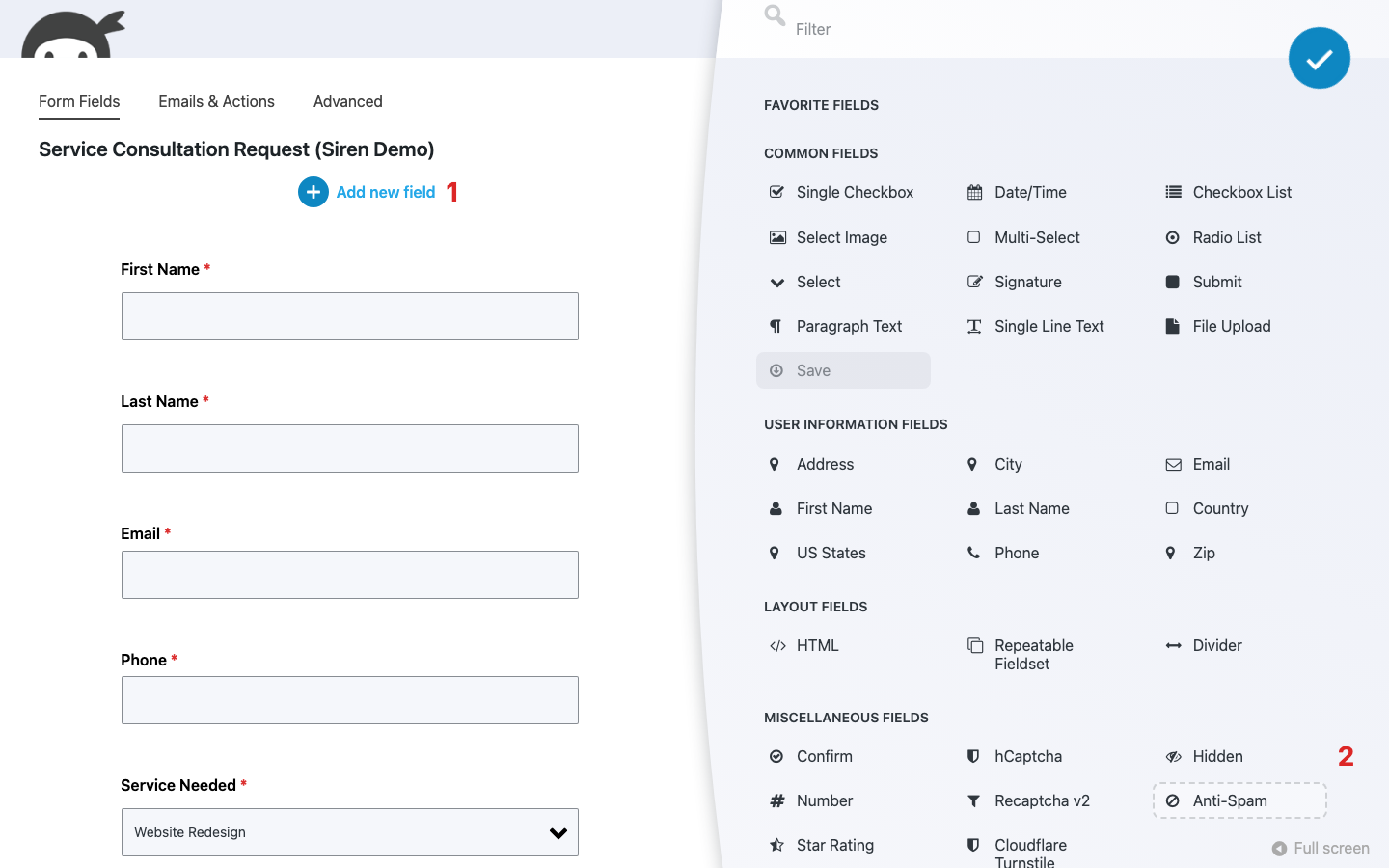 Ninja Forms builder Fields window open, showing the Hidden field tile among the available field types.