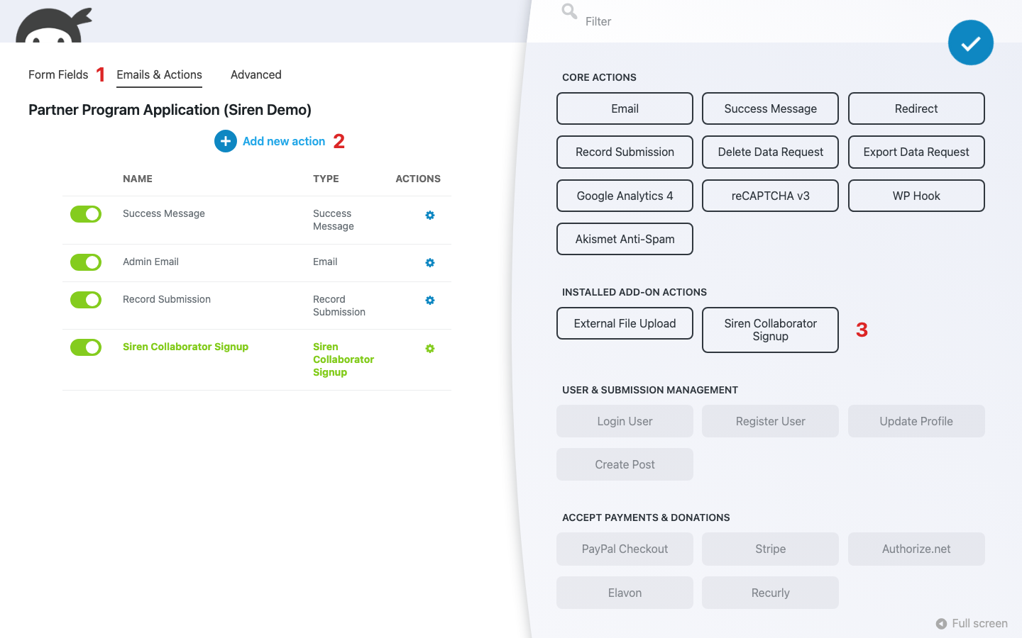 Ninja Forms builder Actions window open on the Emails and Actions tab, showing Siren Collaborator Signup in the list of available actions.