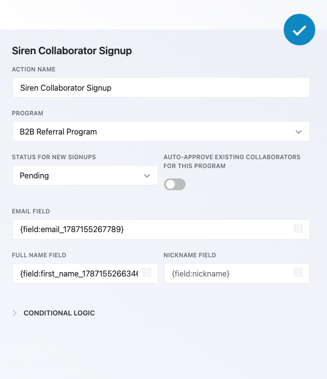 Siren Collaborator Signup action settings panel showing the Program dropdown, Status for new signups dropdown, and Email field.