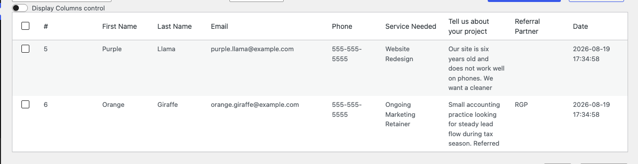 Ninja Forms Submissions screen for the consultation request form showing two entries, one with the Referral Partner column blank and one populated with the code RGP.