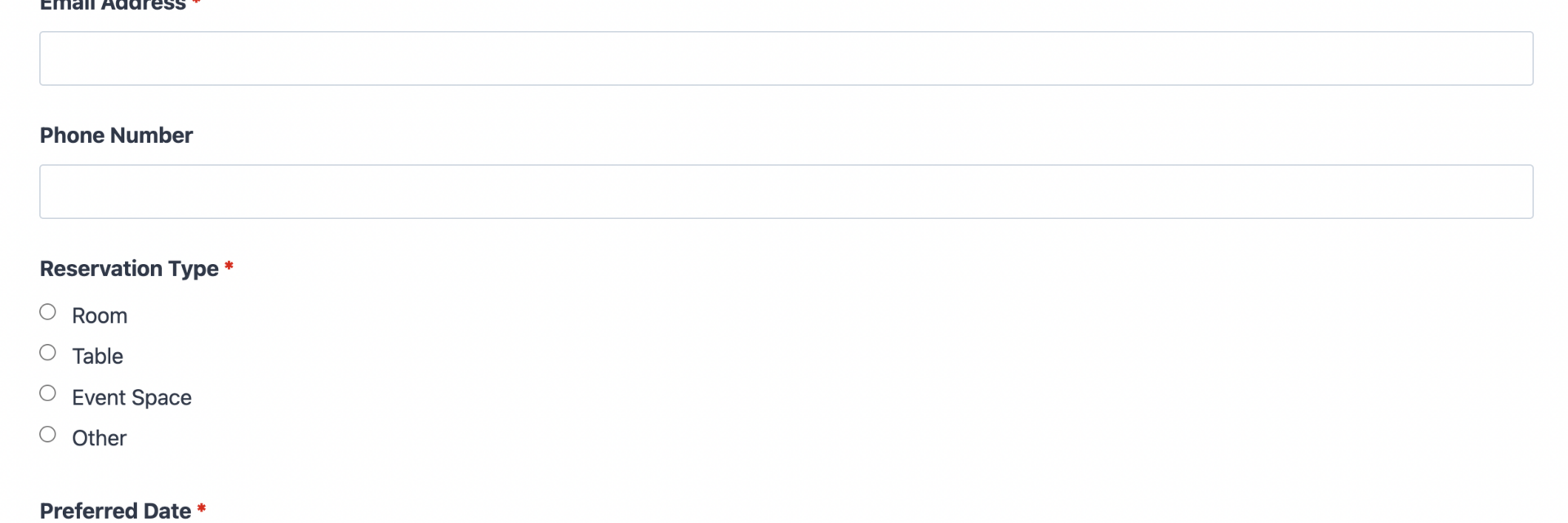 Reservation form template showing date, party size, and reservation type fields with confirmation message