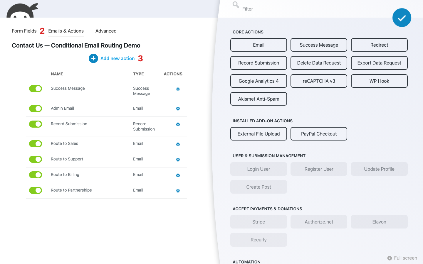 Ninja Forms builder with the Emails & Actions tab active and the Actions window open, showing the picker for adding a new Email action.