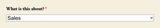 The public-facing side of the demo form showing the 'What is this about?' dropdown field alongside the form's other fields.