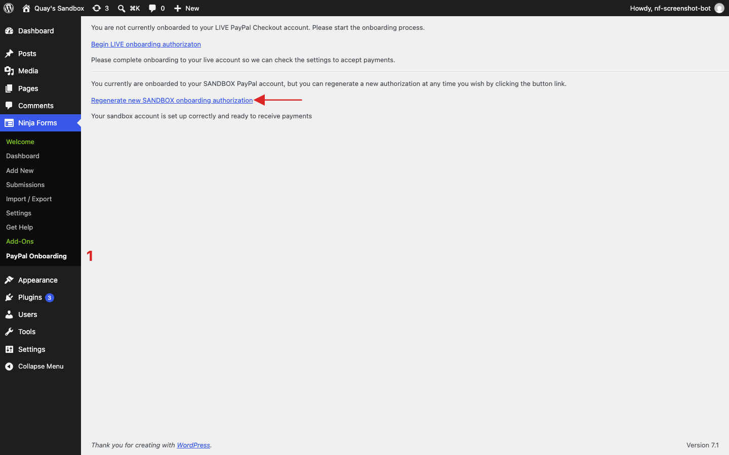 Ninja Forms PayPal Onboarding page in the WordPress dashboard, showing a connected sandbox PayPal account with a confirmation message that it is set up and ready to receive payments.