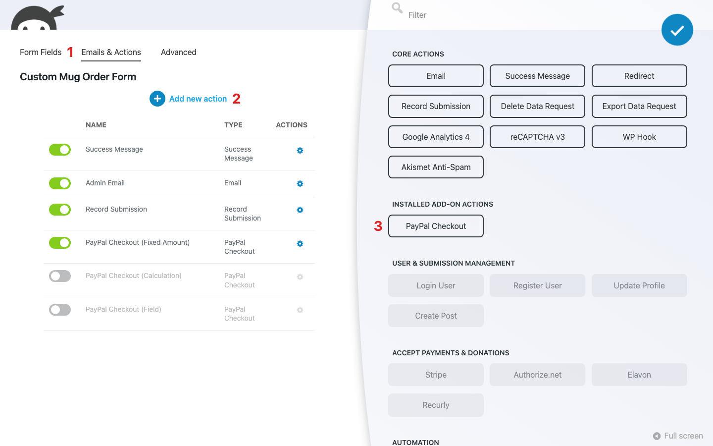 Ninja Forms builder Actions window with the PayPal Checkout action tile visible in the list of available actions.
