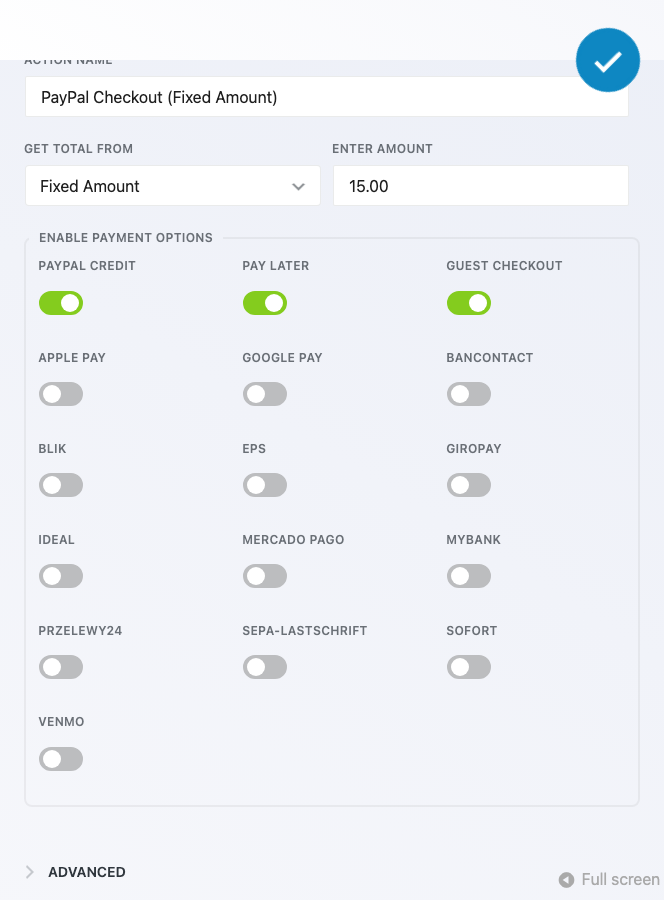 Ninja Forms PayPal Checkout action settings window with Get Total From set to Fixed Amount and the Enter Amount field populated with a dollar value.