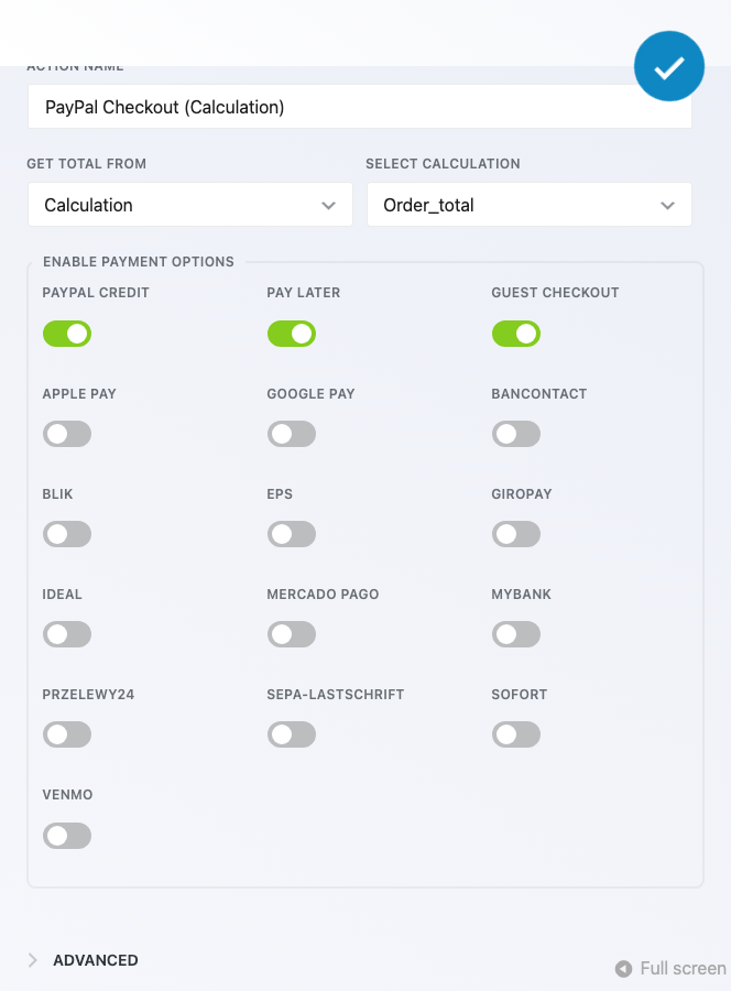 Ninja Forms PayPal Checkout action settings window with Get Total From set to Calculation and the Select Calculation dropdown showing an available calculation.
