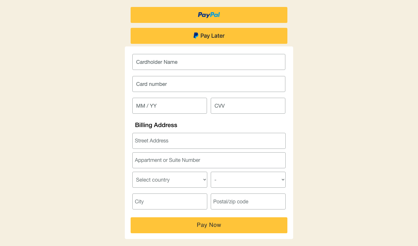 A Ninja Forms form on a live WordPress page after submission, showing PayPal's checkout buttons rendered in place of the submit button, including a PayPal button, a Pay Later button, and an inline Guest Checkout card form.