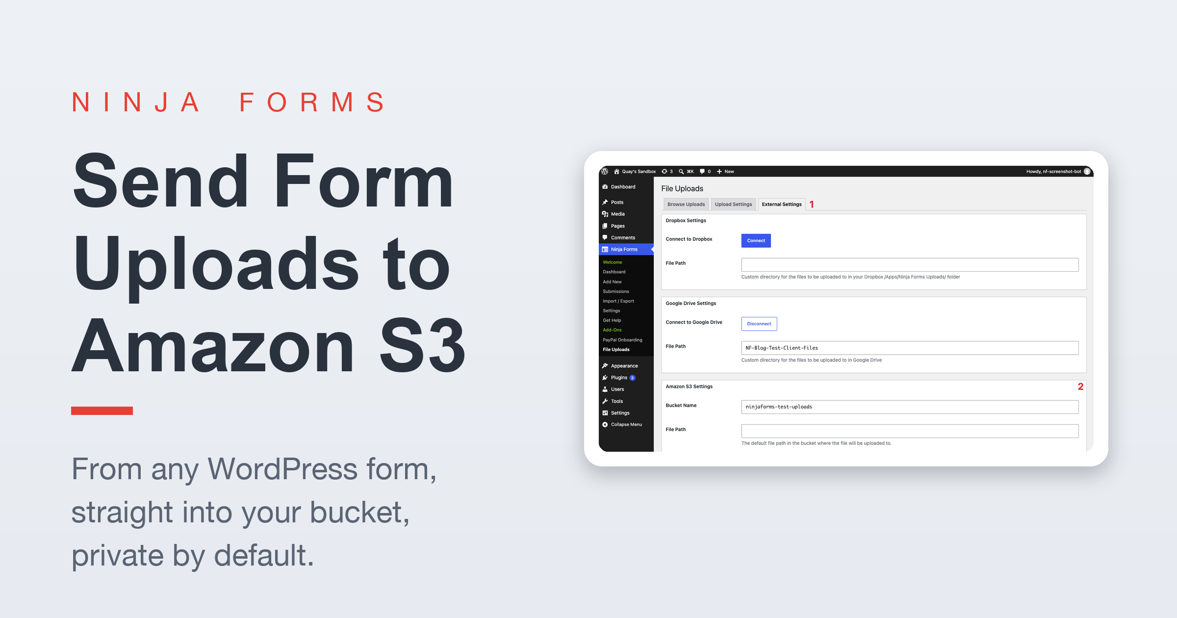 Send form uploads to Amazon S3: Ninja Forms featured graphic showing the File Uploads External Settings screen with Amazon S3 bucket settings.