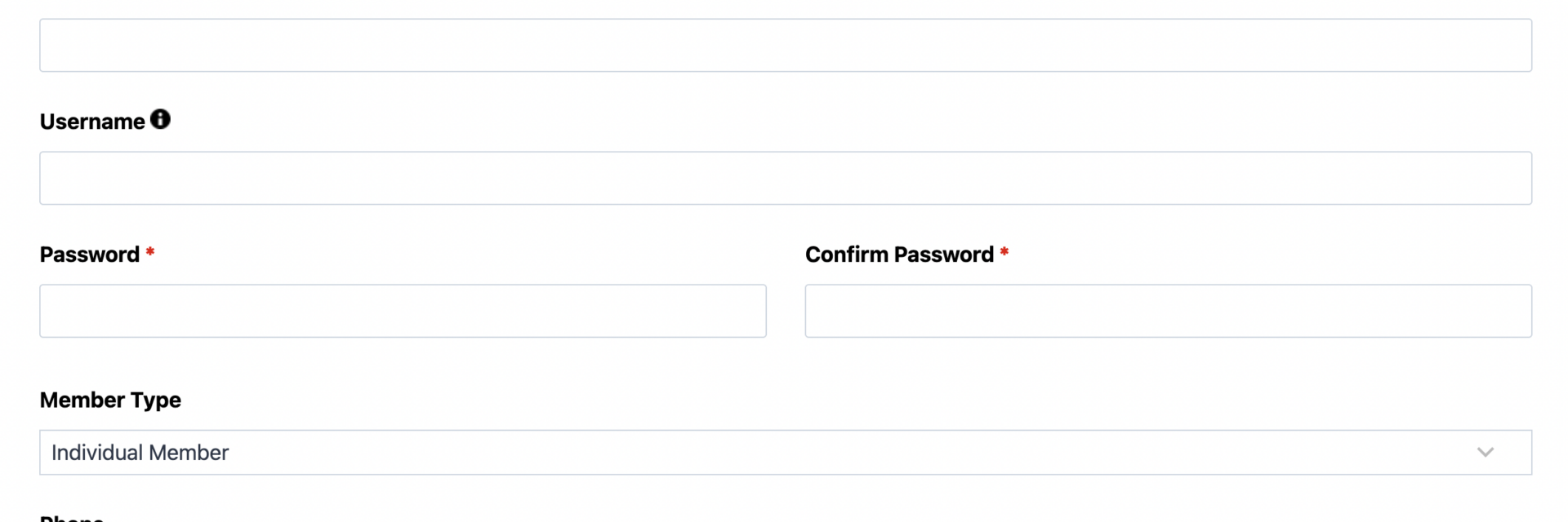 User registration form template showing account fields, member type selector, and password confirmation