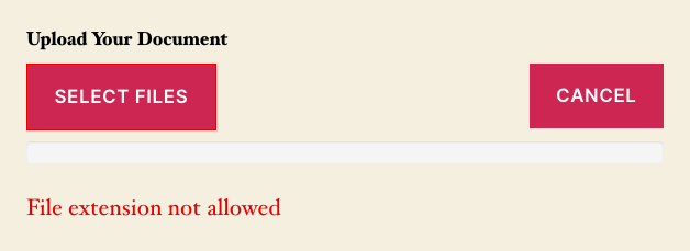 Ninja Forms frontend File Upload field displaying a 'File extension not allowed' error after a .exe file was selected.