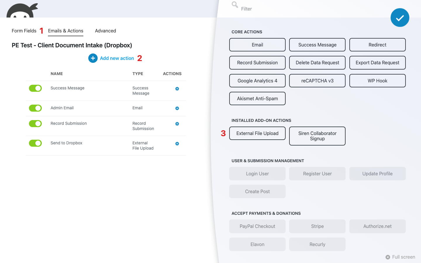 Ninja Forms builder Actions window with the External File Upload action visible in the list of addable actions under installed add-on actions.