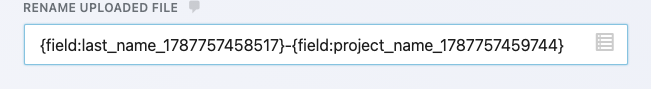 The File Upload field's Rename Uploaded File setting populated with a custom filename pattern built from merge tags.