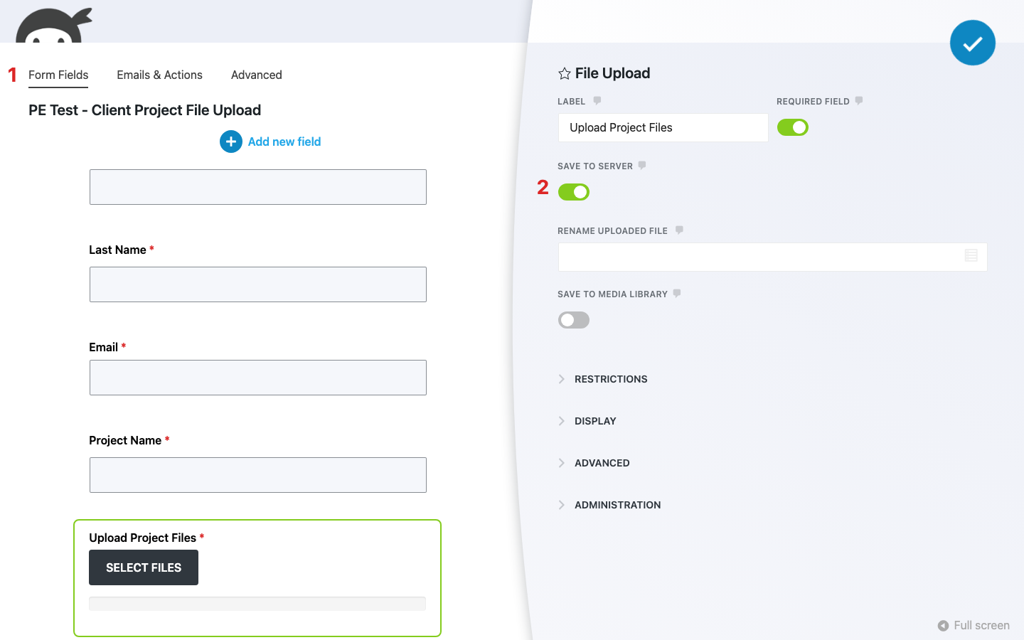 Ninja Forms File Upload field settings window with the Save to Server toggle indicated in the general settings area.
