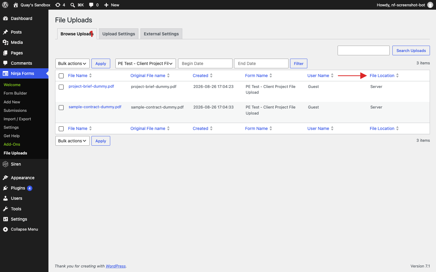 Ninja Forms Browse Uploads tab showing the uploads table with the File Location column indicating where each file was stored.