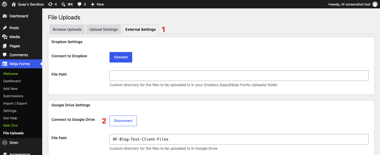 Ninja Forms File Uploads admin page with the External Settings tab active, showing the Google Drive Settings section with the Connect/Disconnect button and File Path field.