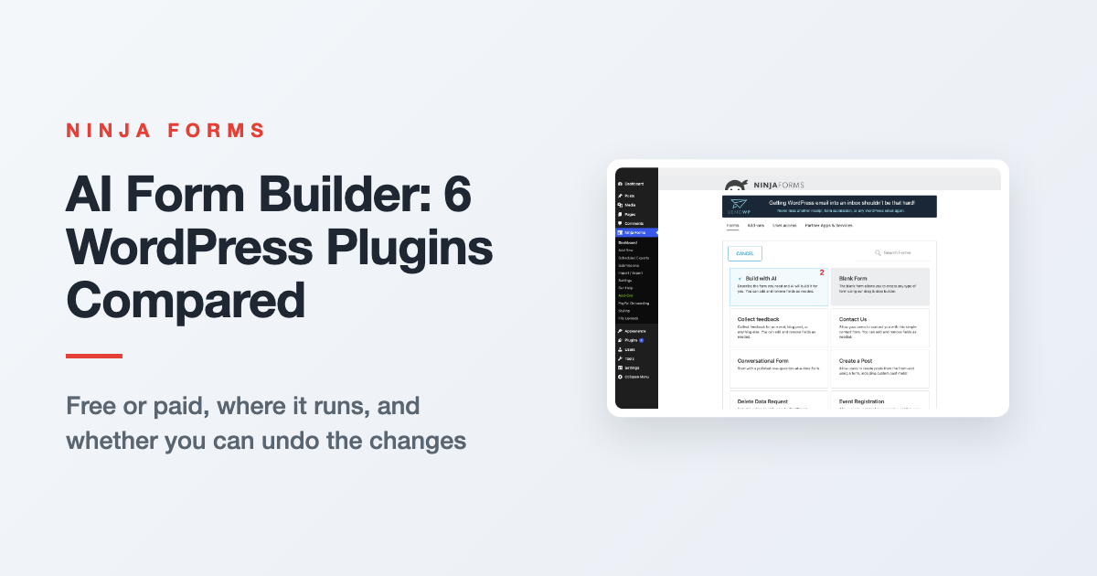 Comparison graphic showing an AI form builder generating a WordPress form from a plain-language description