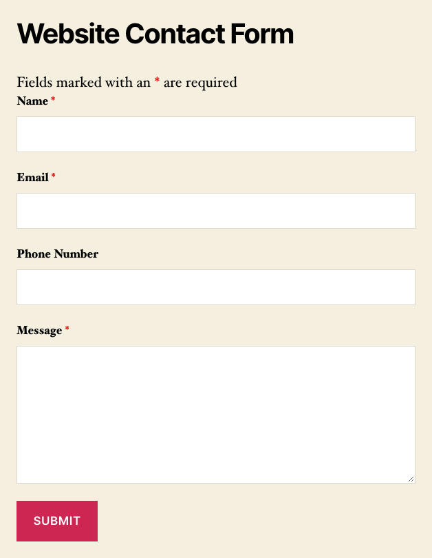 A Website Contact Form rendered on a page with four fields: Name, Email, Phone Number, and Message, followed by a Submit button.