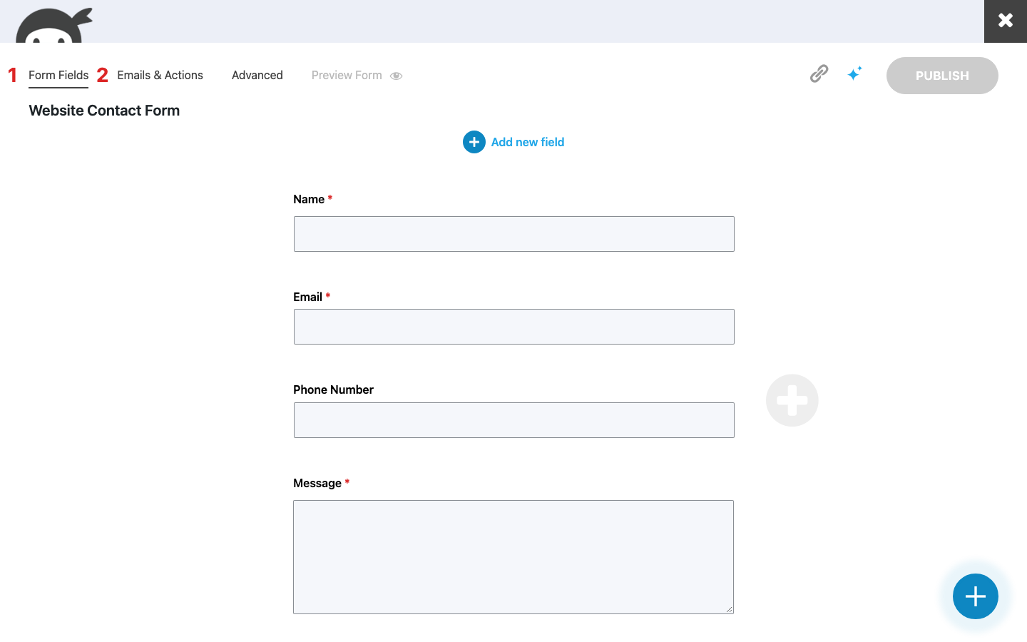 Ninja Forms builder for the Website Contact Form with the Form Fields tab active, showing the Name, Email, Phone Number, and Message fields. Red markers indicate the Form Fields tab and the Emails and Actions tab.