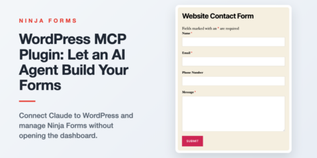 Featured graphic for a Ninja Forms article about the WordPress MCP plugin letting an AI agent build and manage forms.